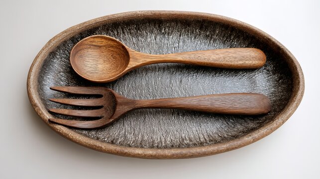 Elegant wooden salad servers rest on a rustic textured stoneware platter, evoking natural dining.