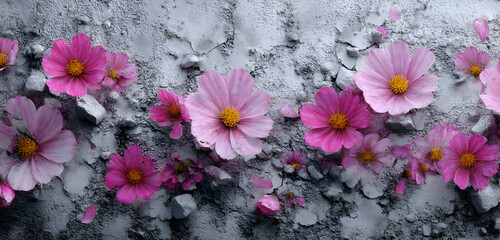 Dreamy pink cosmos flowers blossoming against a textured gray backdrop, bringing a touch of delicate beauty and artistic flair to your designs, perfect for spring and summer projects