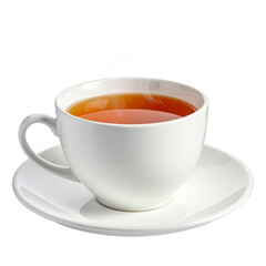 White Porcelain Teacup on Saucer with Steam Rising Isolated on Transparent Background