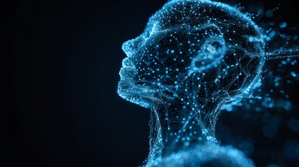Digital human head illuminated with connected dots, concept of artificial intelligence and neural network technology with data.