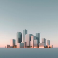 Fototapeta premium Urban skyline at dusk, silhouetted buildings against vibrant sky, 3D illustration