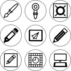 A collection of nine hand drawn black and white icons representing creative tools and digital communication concepts arranged in a three by three grid