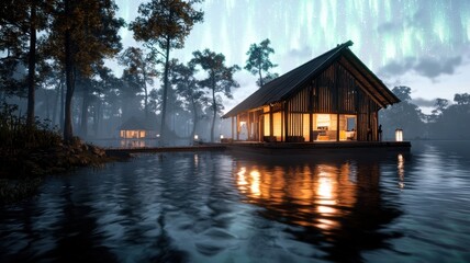 Fototapeta premium A serene floating temple glowing under a sky filled with auroras, surrounded by mist, fantasy theme, rich warm and cool contrasts.