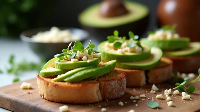 Stylish Kitchen Counter with Golden Avocado Toast and Fresh Herbs - Morning Ambiance Photo Stock with Empty Space for Text