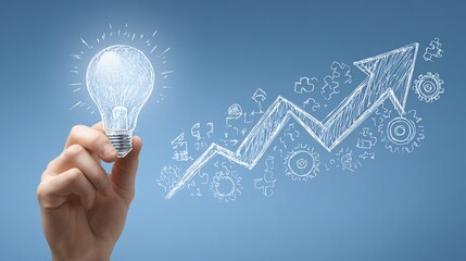 Fototapeta na wymiar Hand holds glowing bulb, upward arrow, gears, and puzzles on blue background