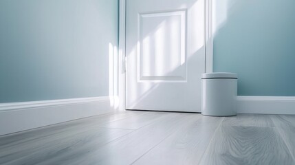 A white door with a window and a trash can in front of it.