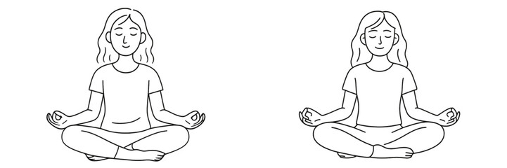 Woman meditating in a lotus pose as line art for a mindfulness and relaxation concept on a clean white background