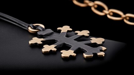 A black and gold snowflake pendant necklace.