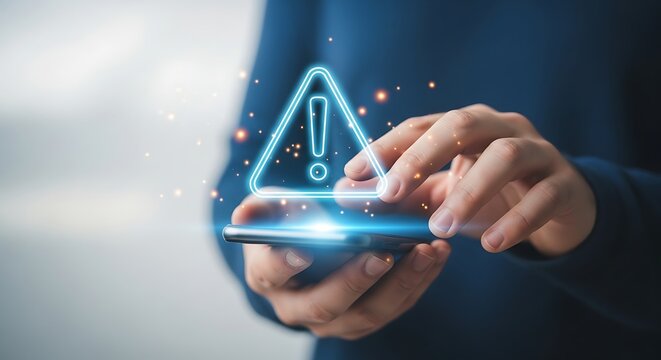 Man using smartphone with caution warning sign hologram, concept of notification, security, error, virus and maintenance isolated on white background