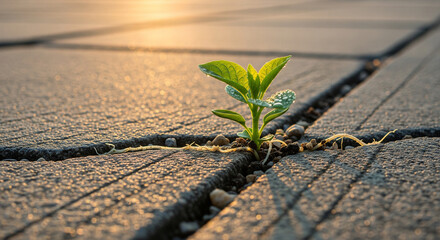 Green plant growing through cracked concrete symbolizing hope