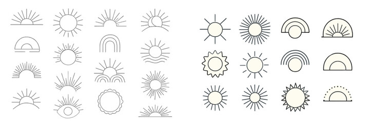 Boho sun and sunrise icon collection with minimalist line art symbols for modern design, abstract celestial elements and geometric shapes isolated on a white background