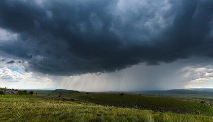 a dramatic stormy sky with dark clouds and heavy rain pouring down over a landscape