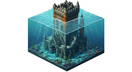 Isometric view of a sunken castle ruin in a cube of water, showcasing the underwater architecture and marine life, creating a surreal scene