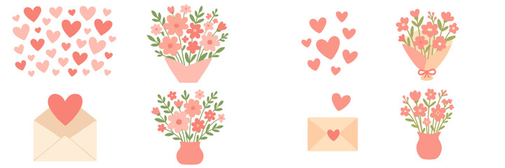 A charming collection of romantic Valentine's Day elements including pink hearts, flower bouquets, love letters, and other cute holiday icons for greeting cards or wedding invitations