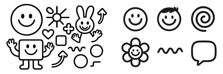 Collection of cute cartoon doodle icons with smiley faces, characters, and abstract shapes in a minimalist black line art style