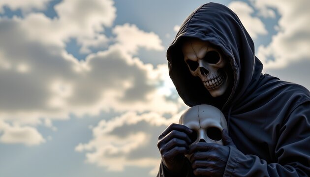 A person dressed in a black hooded cloak with a skeleton mask holding a skull. This individual is standing outdoors under a blue sky with clouds - Powered by Adobe