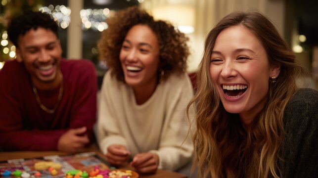 Game night laughter among friends cozy living room fun activity