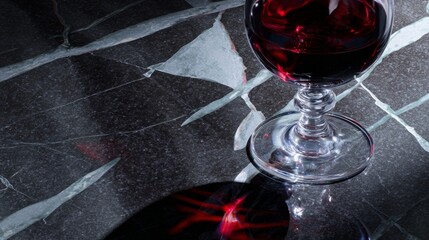 A standing glass filled with rich red liquid, likely wine, exudes sophistication against a textured backdrop,