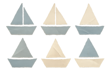 Paper Sailboat Clipart Set – Hand-Cut Collage Boats, Nautical PNG (Transparent)