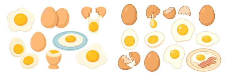 Cartoon collection of various chicken eggs including whole, cracked, fried sunny side up, hard boiled, and soft boiled in an egg cup, plus a breakfast plate with bacon