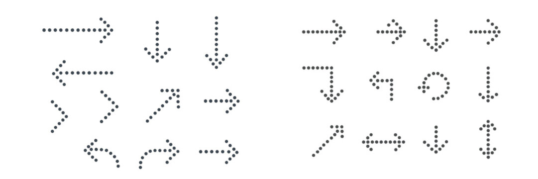 Set of dotted arrow icons in various shapes and directions including up, down, left, right, and diagonal pointers for user interface design