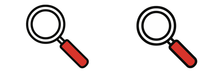 Magnifying glass icon set with red handle for search, find, and zoom functions, isolated on a white background