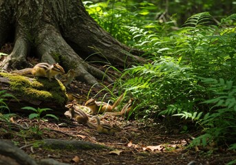Obraz premium Chipmunks Gather Around Tree Roots in Lush Forest