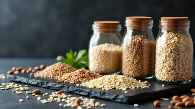 Elegant Slate Board Display: Heirloom Barley, Oats & Quinoa in Labeled Glass Jars for Professional Grain Breakfast Setup - Photo Stock Concept with Empty Space