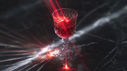 A glass filled with red liquid emits a simulated laser beam glow from its base,