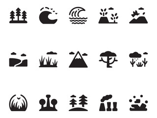 Forest, Ocean, Mountain, Desert & Climate Zone Silhouette Icons – Environment Vector Pack – Vol.6