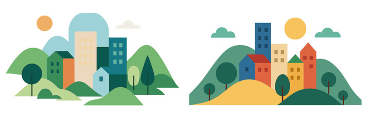 Two minimalist cityscape compositions featuring colorful buildings and houses nestled among rolling green hills and trees against a clean white background