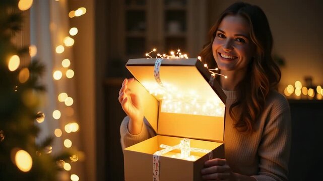 Smiling mother opening neatly wrapped gift box under twinkling lights captured for joyful happy mom with gift campaign in  Photo Stock  Concept  and empty space on the left side