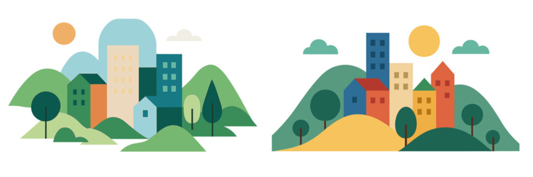Two minimalist cityscape compositions featuring colorful buildings and houses nestled among rolling green hills and trees against a clean white background