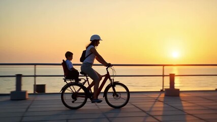 Active mother cycling with toddler seat along seaside promenade at sunset capturing adventurous mom with kids lifestyle moment in  Photo Stock  Concept  and empty space on the left side - Powered by Adobe