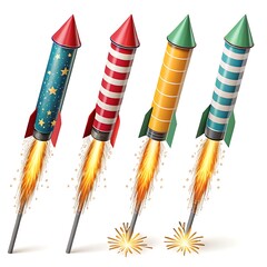 Four Colorful Fireworks Rockets Launching