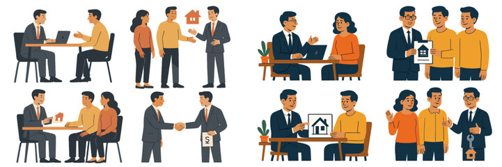 Naklejka premium Set of real estate scenes with agent and clients buying a new home, couple getting mortgage consultation, signing contract, and receiving keys for property purchase