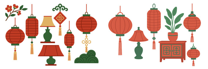 Set of traditional Chinese decorative elements including red lanterns, lamps, furniture, and plants for Lunar New Year celebration
