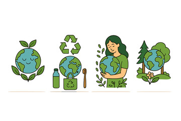 Set of environmental icons for Earth Day showing sustainability, recycling, and love for the planet with eco-friendly concepts