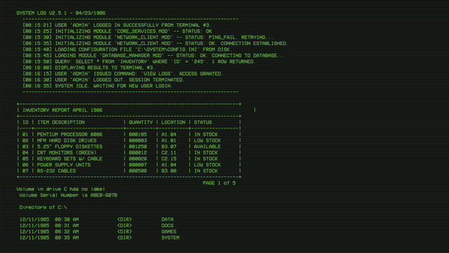 A vintage retro digital vector graphic overlay. Old green CRT screen overlay with some system text. Green retro text on black screen. 80's retro display overlay 16:9 with horizontal lines.