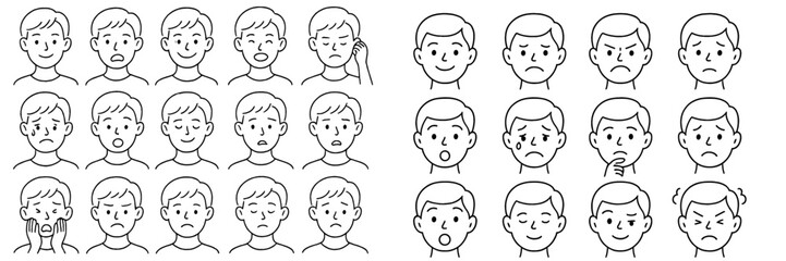 Set of male character facial expressions showing various emotions like happy, sad, angry, and surprised in a simple line art style