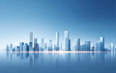 Naklejka premium Modern city skyline with tall buildings reflecting in water