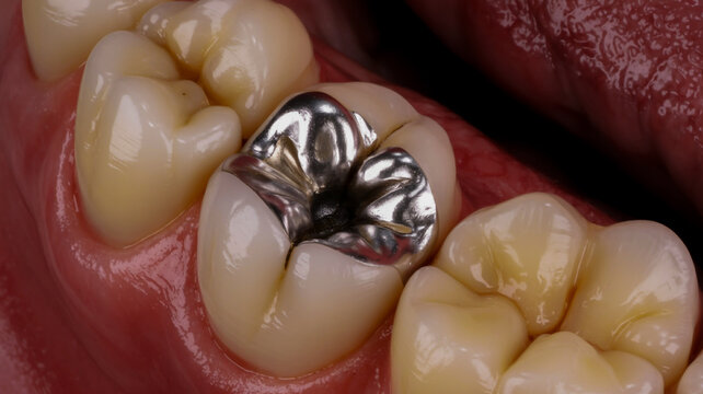 Close-up of a human molar tooth with a silver amalgam filling and surrounding gums dental