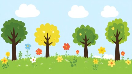 Cartoon trees and flowers in meadow