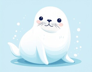 Obraz premium A cute, cartoon-style illustration of a white seal pup sitting on a light blue surface with white bubbles.