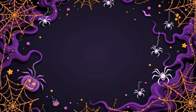A Halloween themed background with a purple hue and scattered spider webs throughout