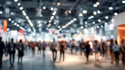Blurred convention scene showcases bustling conference, event space, with countless attendees exploring various exhibitors and networking opportunities abound indoors.