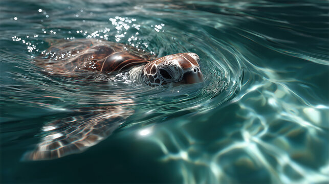 Swimming sea turtle in clear ocean water marine life nature serene