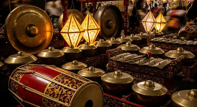 A traditional Indonesian Gamelan music ensemble with ornate instruments and glowing decorative lanterns.