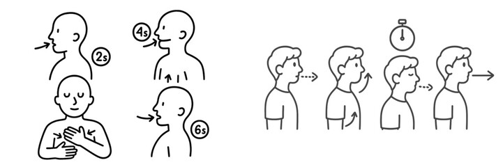 Simple line icon set showing deep breathing exercises and relaxation techniques for mindfulness and stress relief