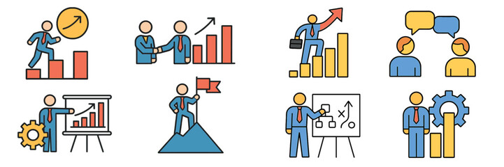 Business Career Growth and Success Icon Set with Leadership, Strategy, and Partnership Metaphors for Corporate Presentations
